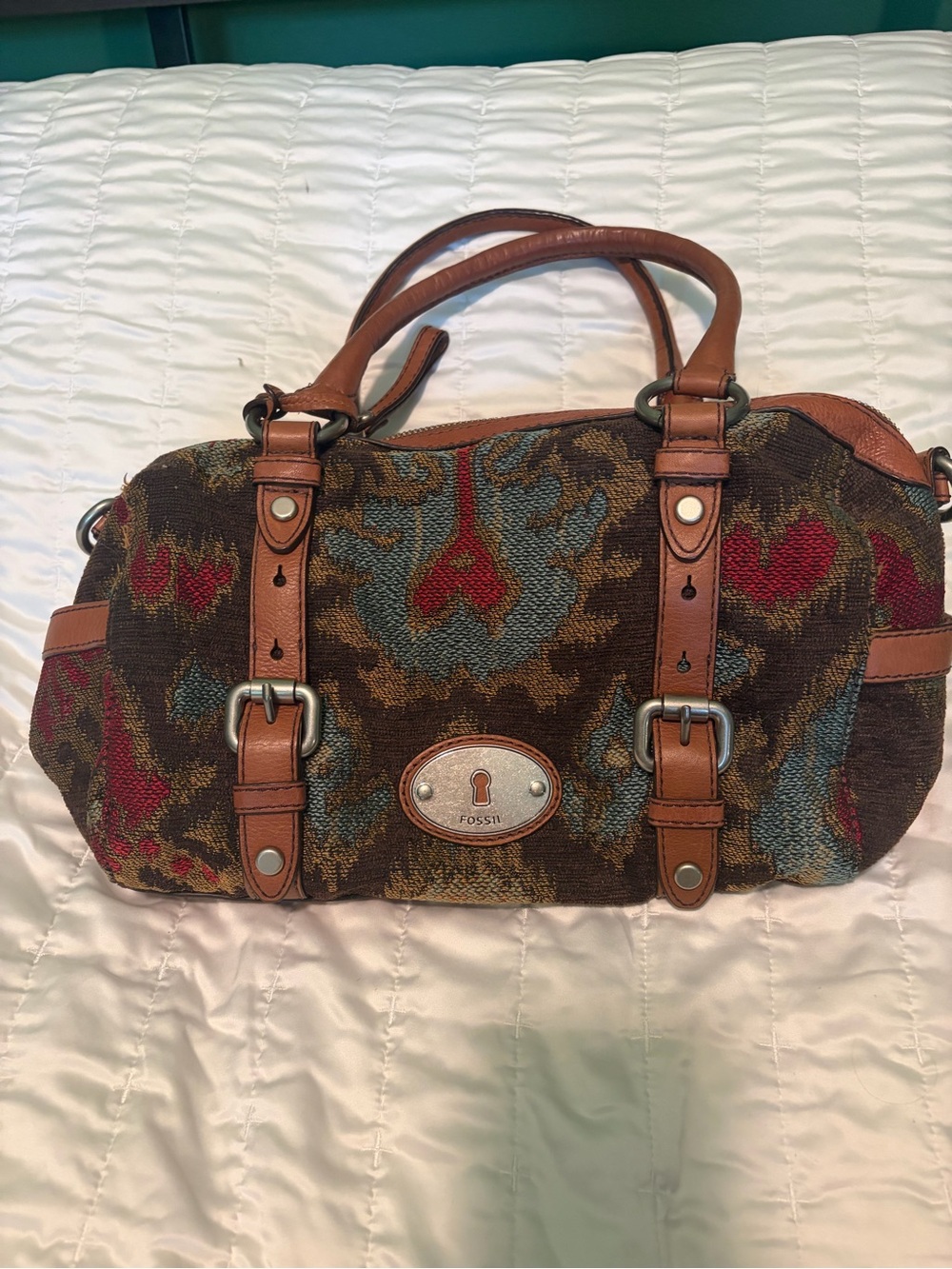 Fossil Brown Tapestry Satchel with Leather Trim